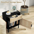 Rattan Nightstand Set of 2 - Mid Century Modern with Drawer and Cabinet