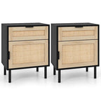 Rattan Nightstand Set of 2 - Mid Century Modern with Drawer and Cabinet