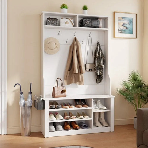 39.37 W Hall Tree, 3 in 1 Entryway Bench with Coat Rack and Shoe Storage
